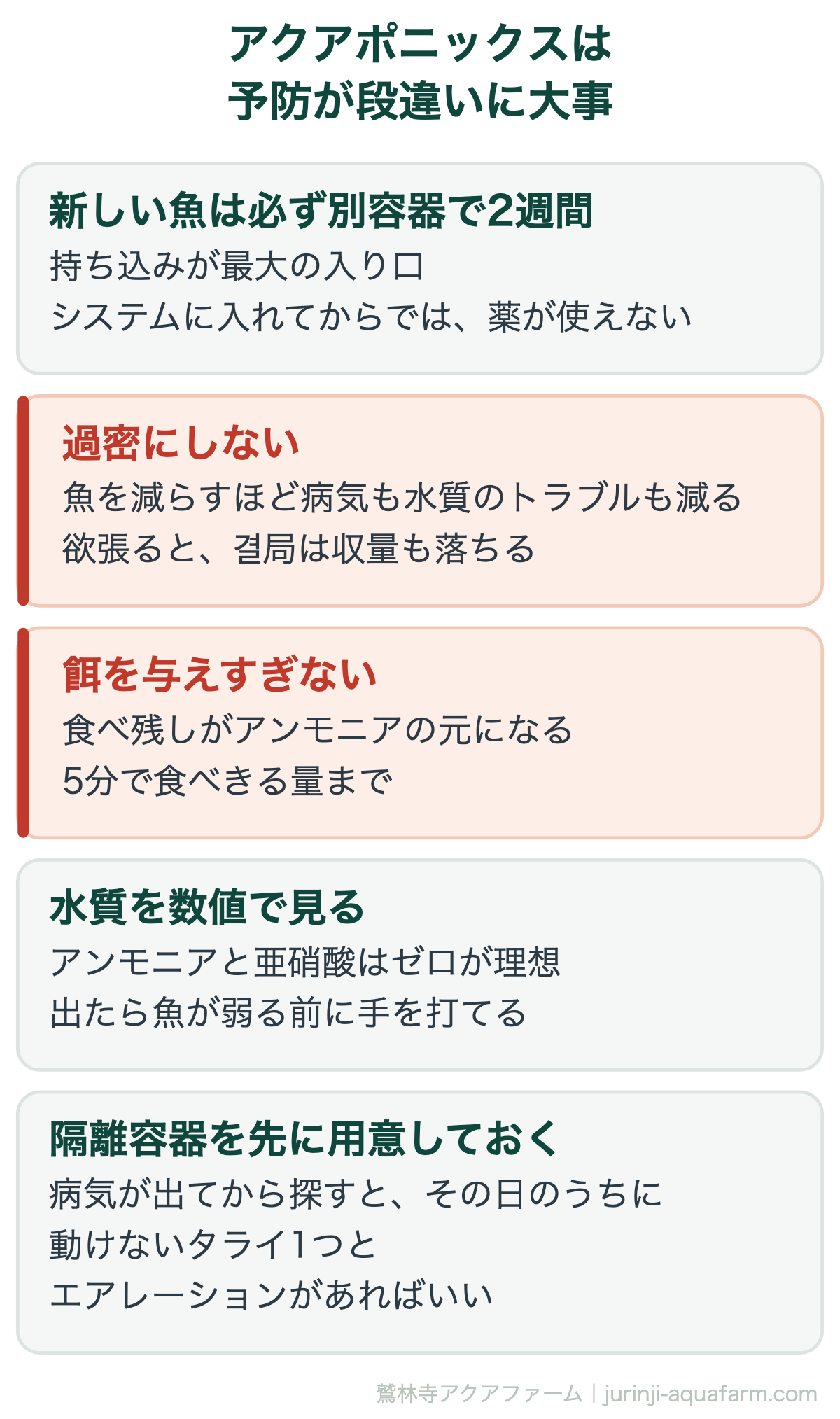 アクアポニックスは予防が段違いに大事。観賞魚なら「治せばいい」が、アクアポニックスでは治療の選択肢が狭い。だから予防