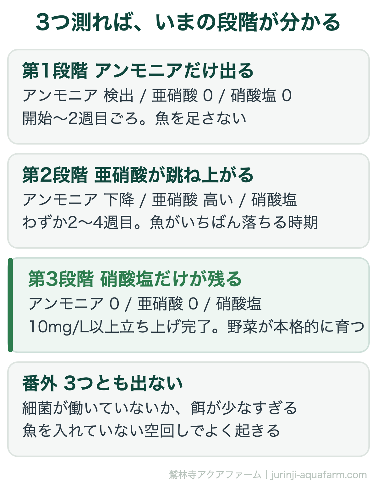 アクアポニックスの硝化サイクル｜3つ測れば、いまの段階が分かる。アンモニア・亜硝酸・硝酸塩の3つを1回測るだけで、どの段階かが分かる