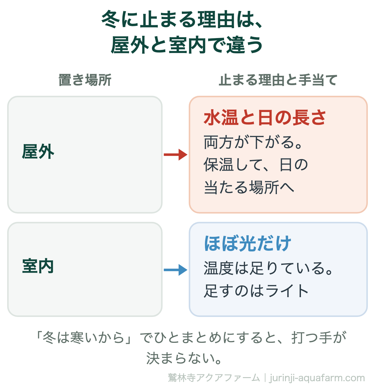 冬に水耕栽培が止まる理由を置き場所で分ける図。屋外は水温と日の長さの両方が下がるので保温して日の当たる場所へ。室内は温度は足りていて足りないのはほぼ光だけなのでライトを足す