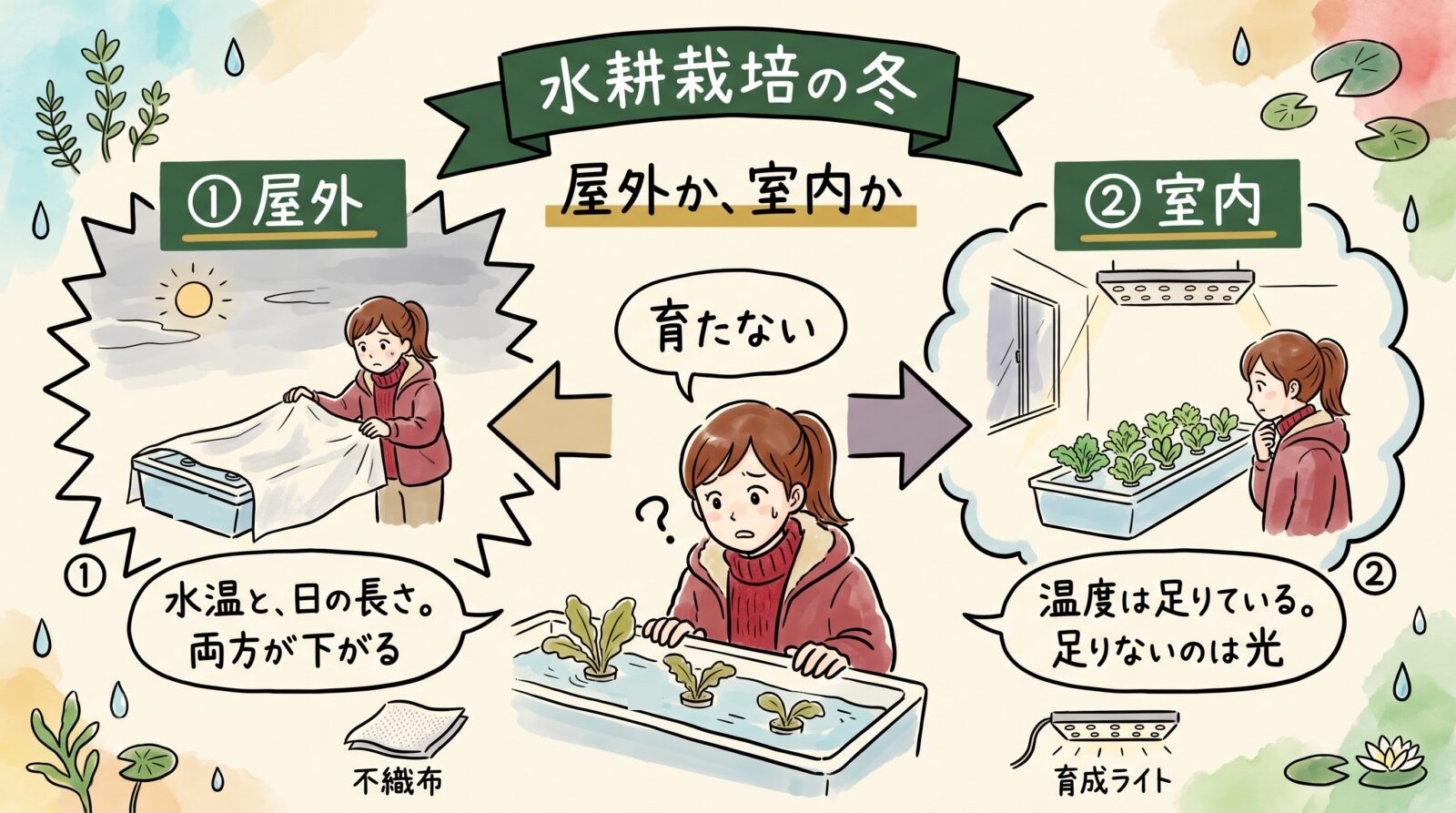 水耕栽培の冬をまとめた図。屋外か室内かで分かれ、屋外は水温と日の長さの両方が下がり、室内は温度は足りていて光だけが足りない