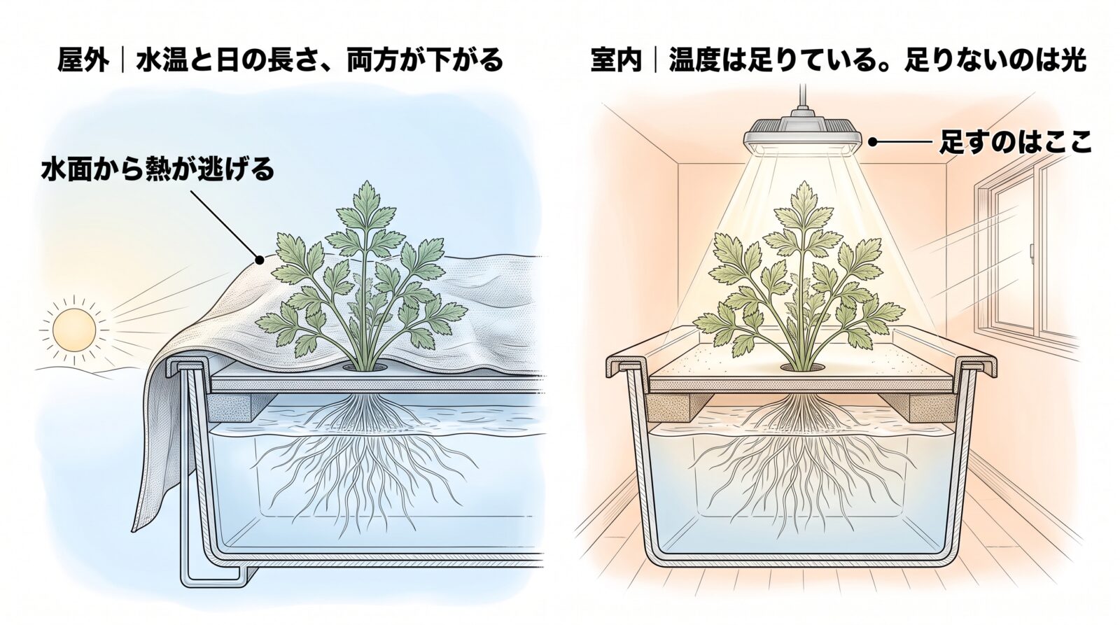 冬の水耕栽培を屋外と室内で比べた断面図。左は屋外で、低い太陽と栽培槽にかけた不織布。右は室内で、上から植物育成ライトが当たり、窓からの光は弱い