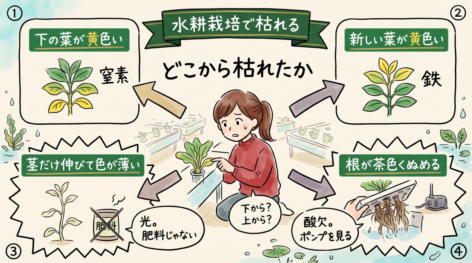 水耕栽培で枯れるときの見分けをまとめた図。どこから枯れたかで分かれ、下の葉が黄色いなら窒素、新しい葉なら鉄、茎だけ伸びて色が薄いなら光、根が茶色くぬめるなら酸欠