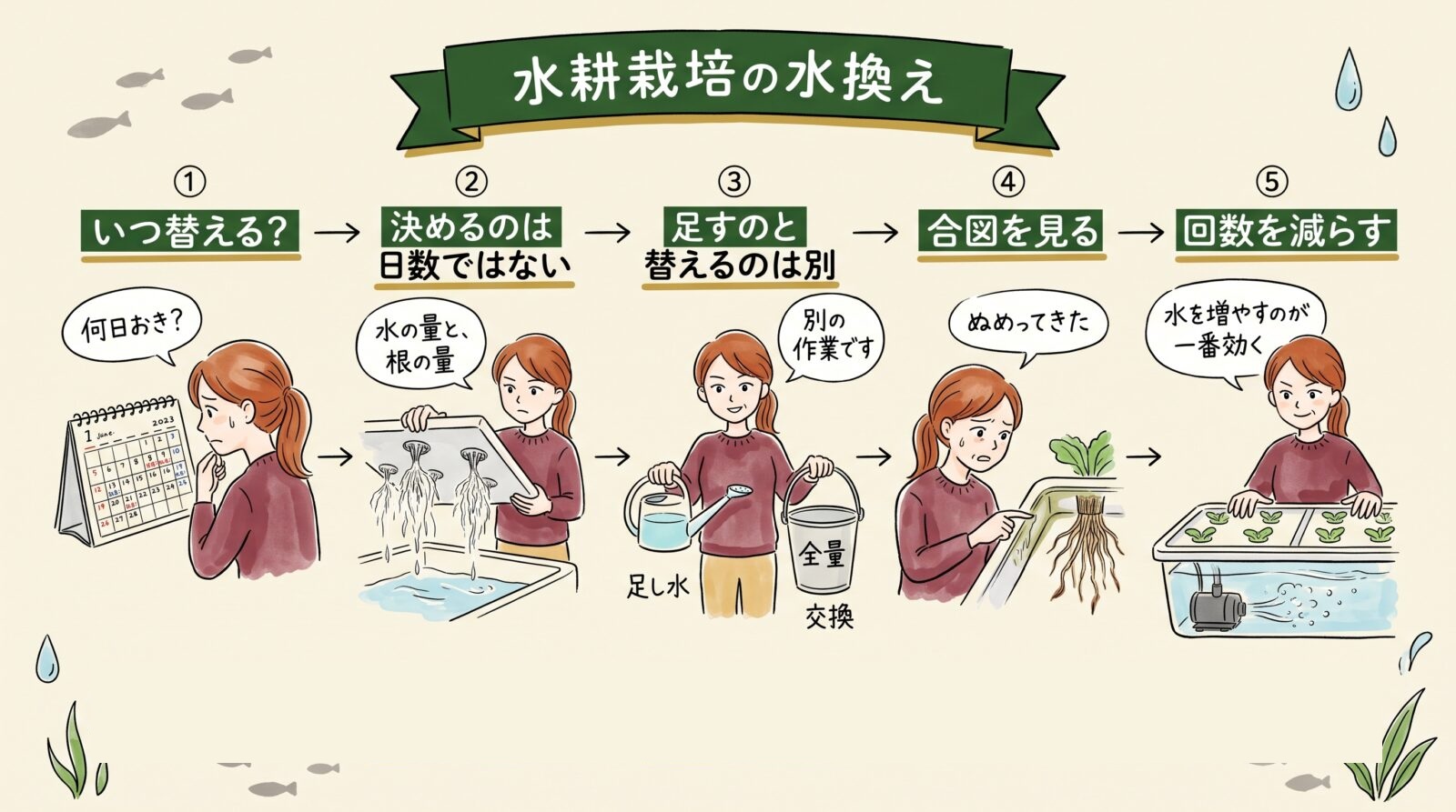 水耕栽培の水換えの決め方をまとめた図。いつ替える、決めるのは日数ではない、足すのと替えるのは別、合図を見る、回数を減らすの5つ