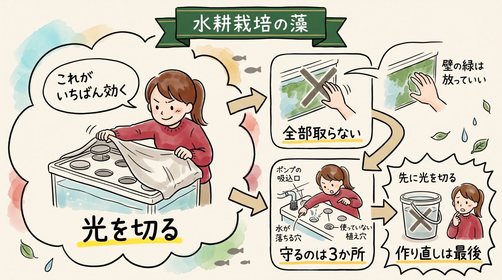 水耕栽培の藻の対処をまとめた図。いちばん効くのは光を切ること。壁の緑は全部取らなくてよい。守るのはポンプの吸込口・水が落ちる穴・使っていない植え穴の3か所。養液の作り直しは最後