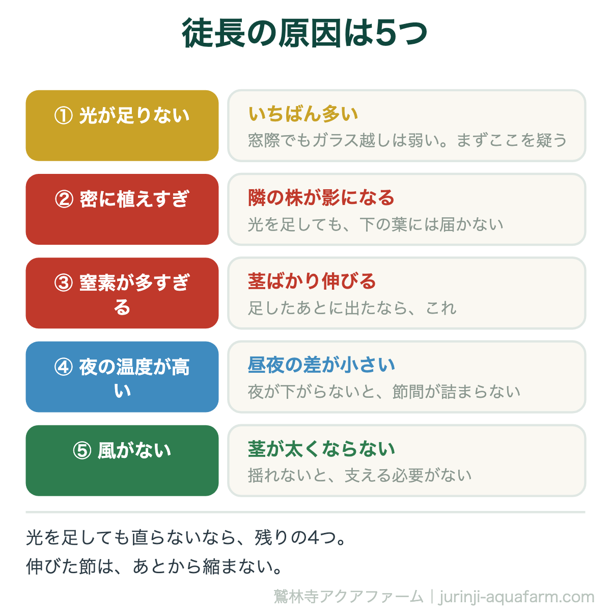 徒長の原因5つの図。光が足りない、密に植えすぎ、窒素が多すぎる、夜の温度が高い、風がない。光を足しても直らないなら残りの4つを見る