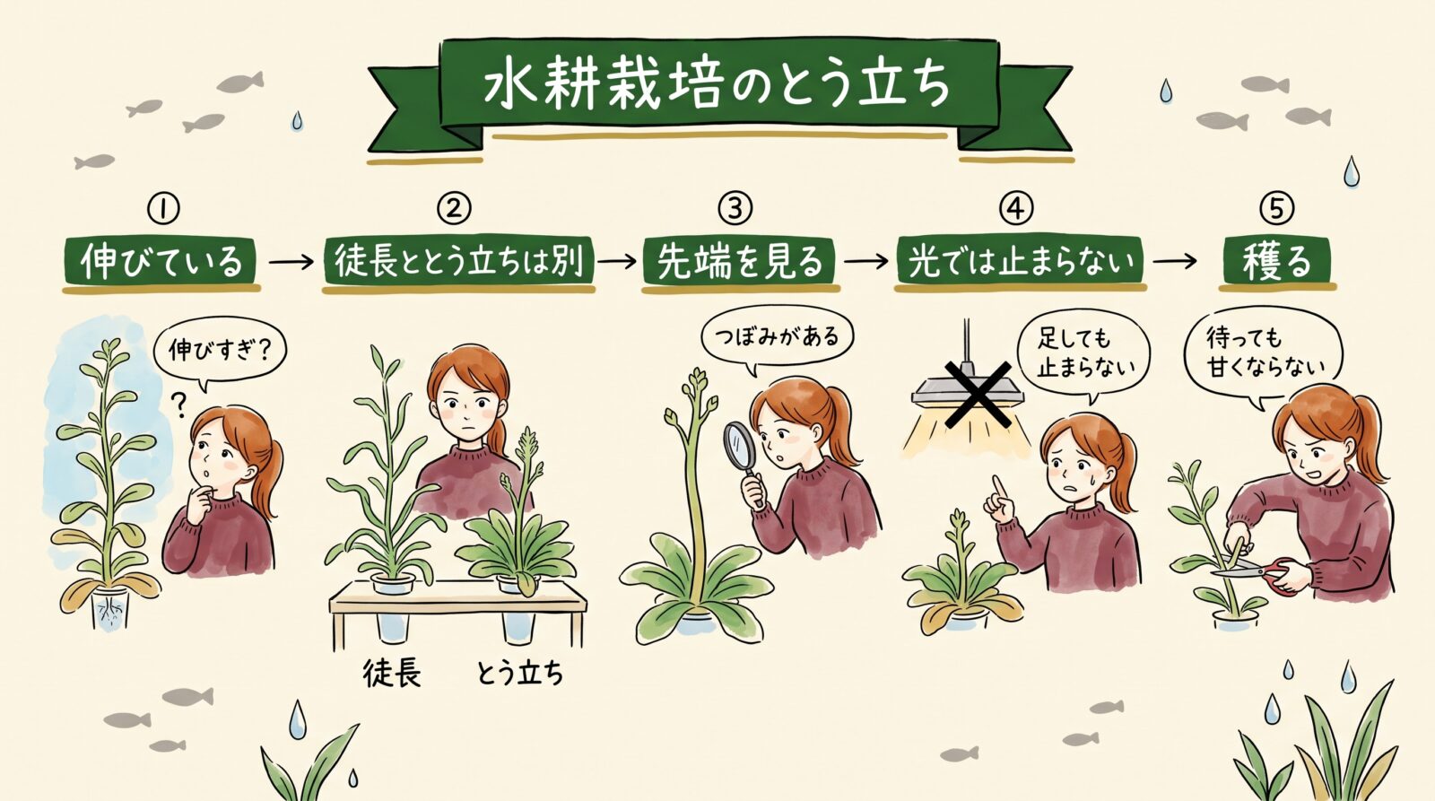 水耕栽培のとう立ちの見分け方をまとめた図。伸びている、徒長ととう立ちは別、先端を見る、光では止まらない、穫るの5つ