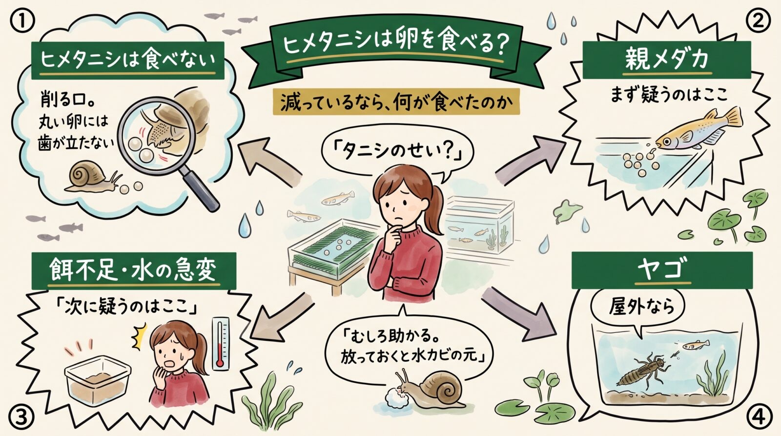 ヒメタニシはメダカの卵を食べるかのグラレコ。ヒメタニシは削る口なので丸い卵には歯が立たない。減っているならまず親メダカを疑い、次に餌不足・水の急変、屋外ならヤゴ。白く濁った卵を食べるのはむしろ助かり、放っておくと水カビの元