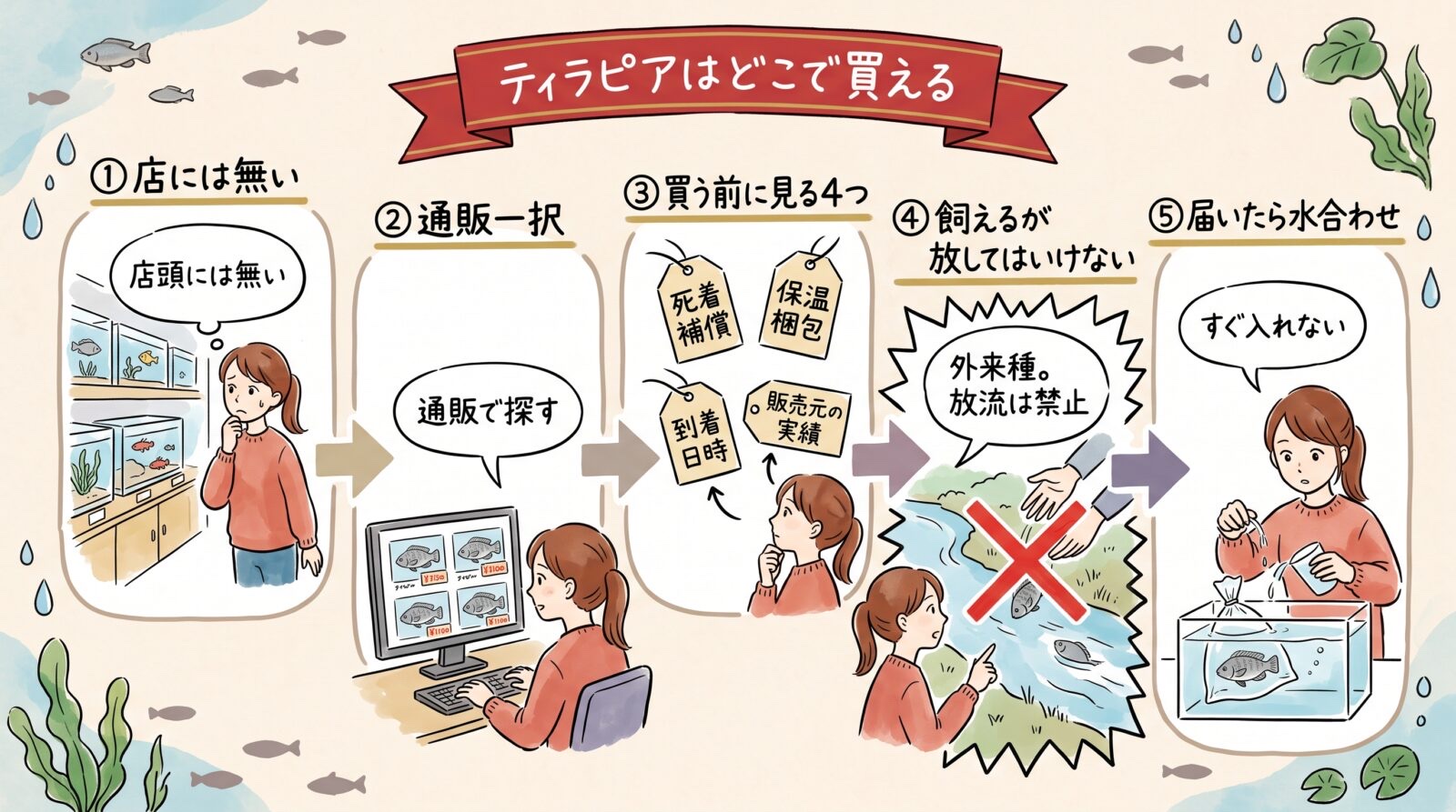 ティラピアはどこで買えるかのグラレコ。店頭には無く通販一択。買う前に見るのは死着補償・保温梱包・到着日時・販売元の実績の4つ。飼えるが外来種なので放流は禁止。届いたら袋ごと浮かべて水合わせ