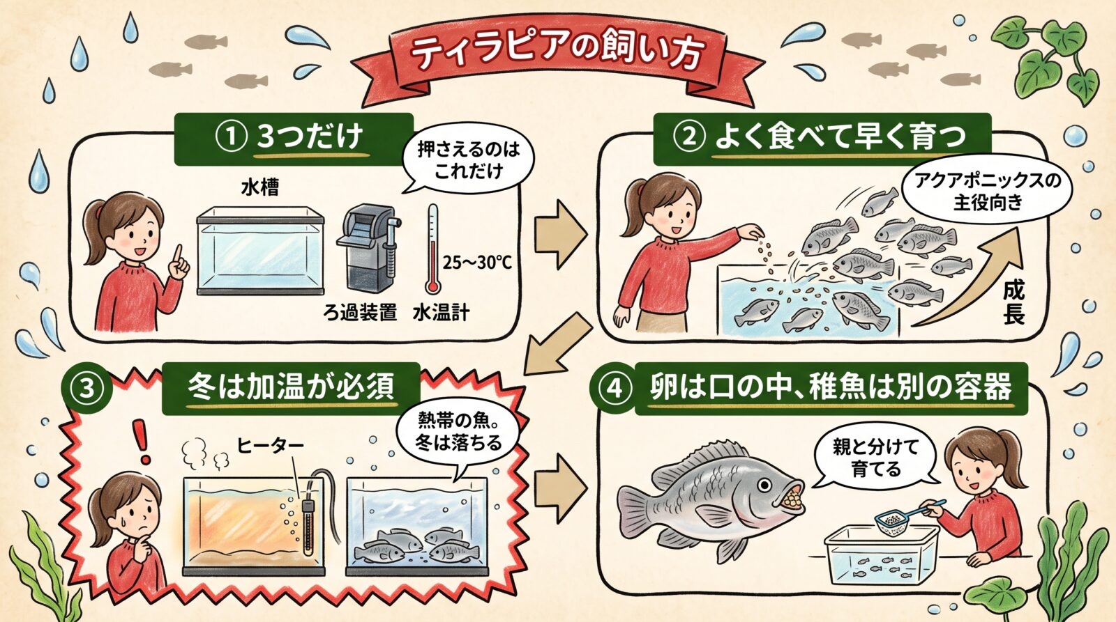 ティラピアの飼い方のグラレコ。押さえるのは大きめの水槽・ろ過装置・水温計25〜30℃の3つだけ。よく食べて早く育ちアクアポニックスの主役向き。熱帯の魚なので冬は加温が必須。卵は口の中で守り、稚魚は親と分けて別の容器で育てる