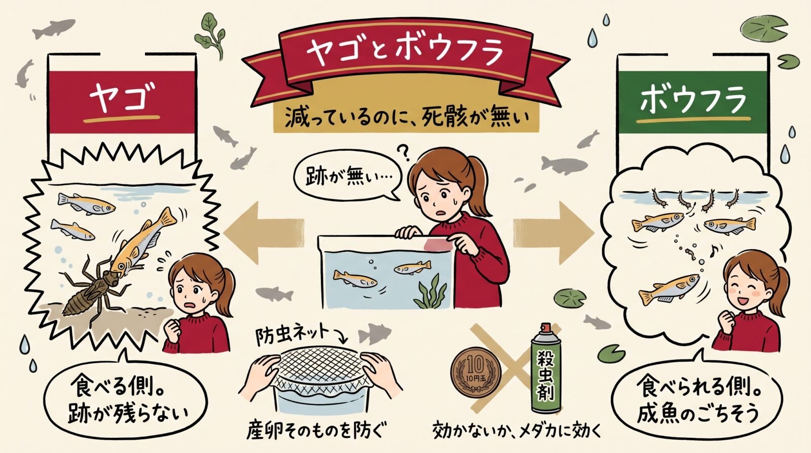 ヤゴとボウフラのグラレコ。ヤゴは食べる側で跡が残らない。ボウフラは食べられる側で成魚のごちそう。防虫ネットで産卵そのものを防ぐ。10円玉や殺虫剤は効かないかメダカに効く