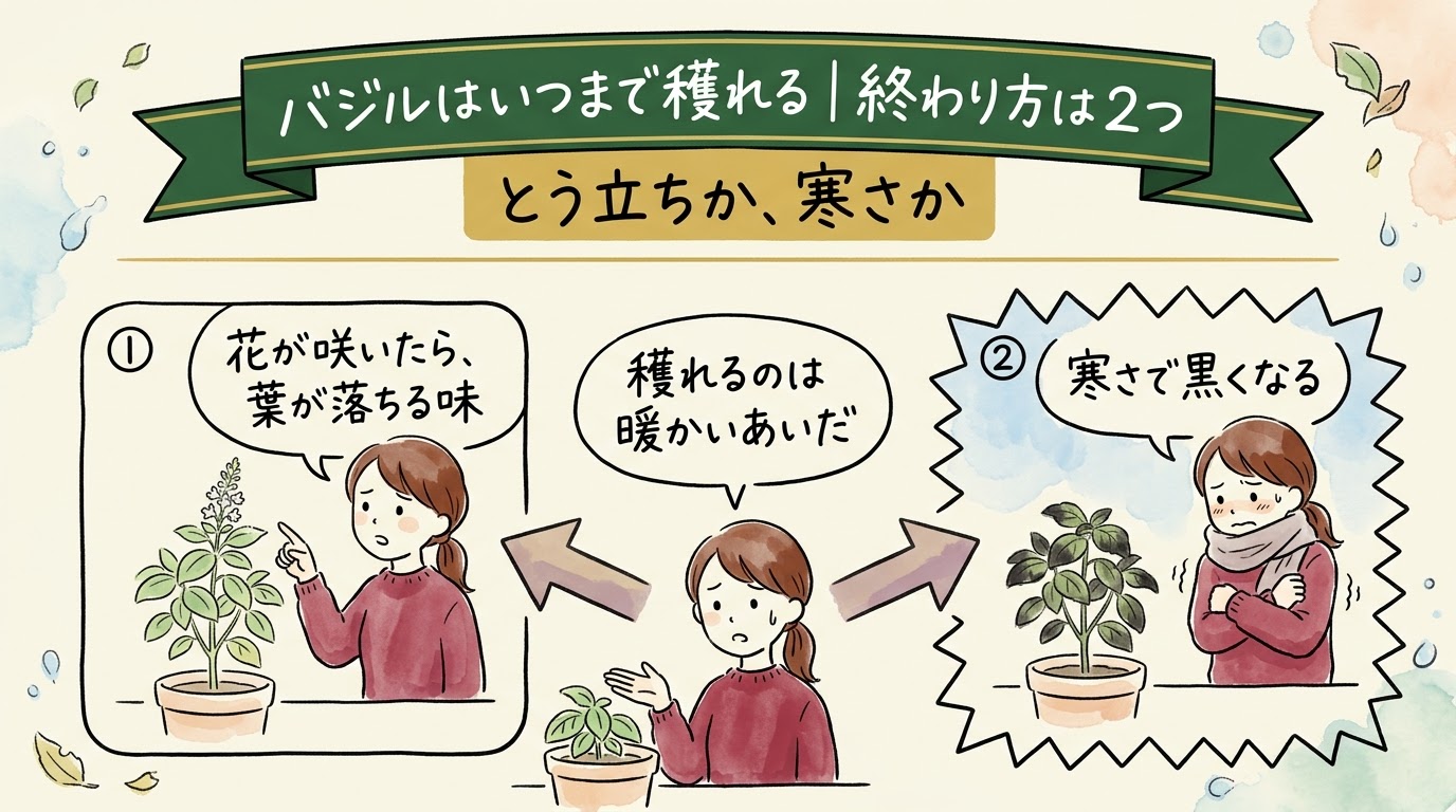 バジルは暖かいあいだだけ穫れ、終わり方はとう立ちと寒さの2つであることを場面で整理したグラレコ（グラフィックレコーディング）