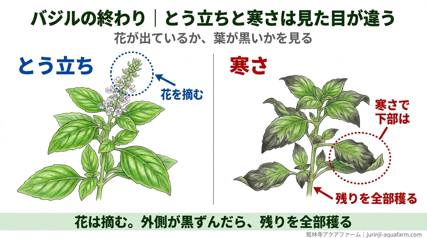 バジルのとう立ち（花穂が立つ）と寒さ（外側の葉が黒ずむ）を見分けて、花は摘み、黒ずんだら残りを全部穫ることを比べた精密図解