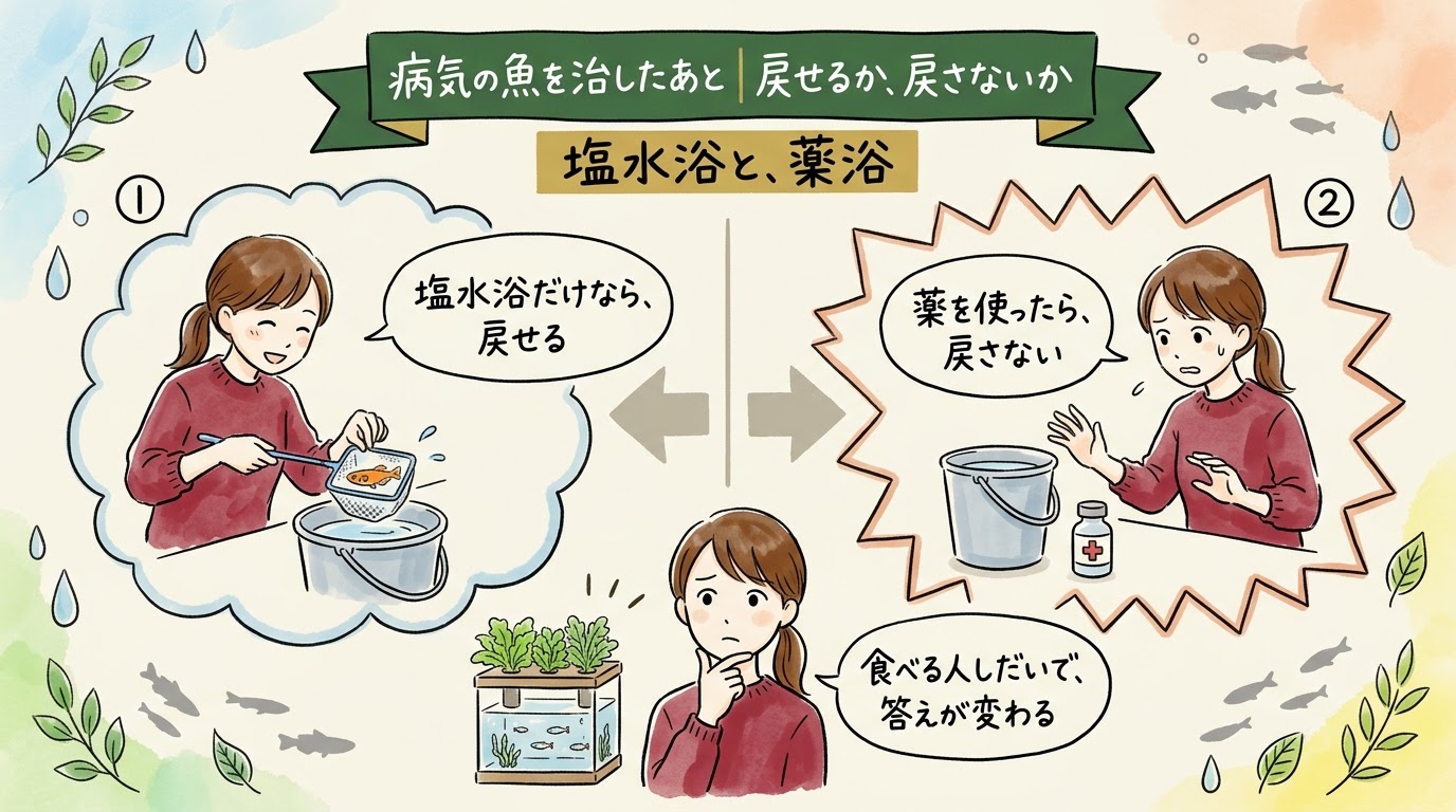 塩水浴だけで治した魚は戻せるが、薬浴した魚は戻さず、答えは食べる人しだいで変わることを場面で整理したグラレコ（グラフィックレコーディング）