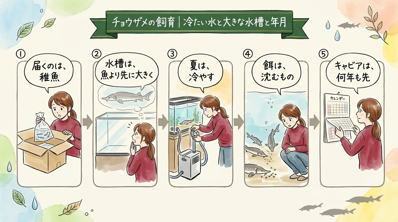 チョウザメの飼育は、届くのは稚魚でも水槽は大きく、夏は冷やし、沈む餌で、キャビアは何年も先であることを場面で整理したグラレコ（グラフィックレコーディング）