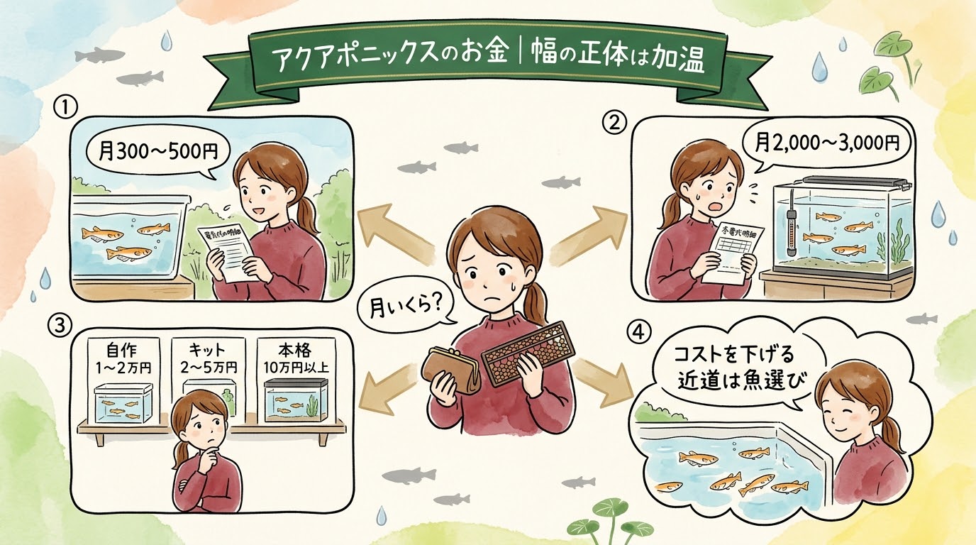 アクアポニックスの月々の費用が屋外の月300〜500円から室内の月2,000〜3,000円まで幅があり、幅の正体は加温であることを場面で整理したグラレコ（グラフィックレコーディング）