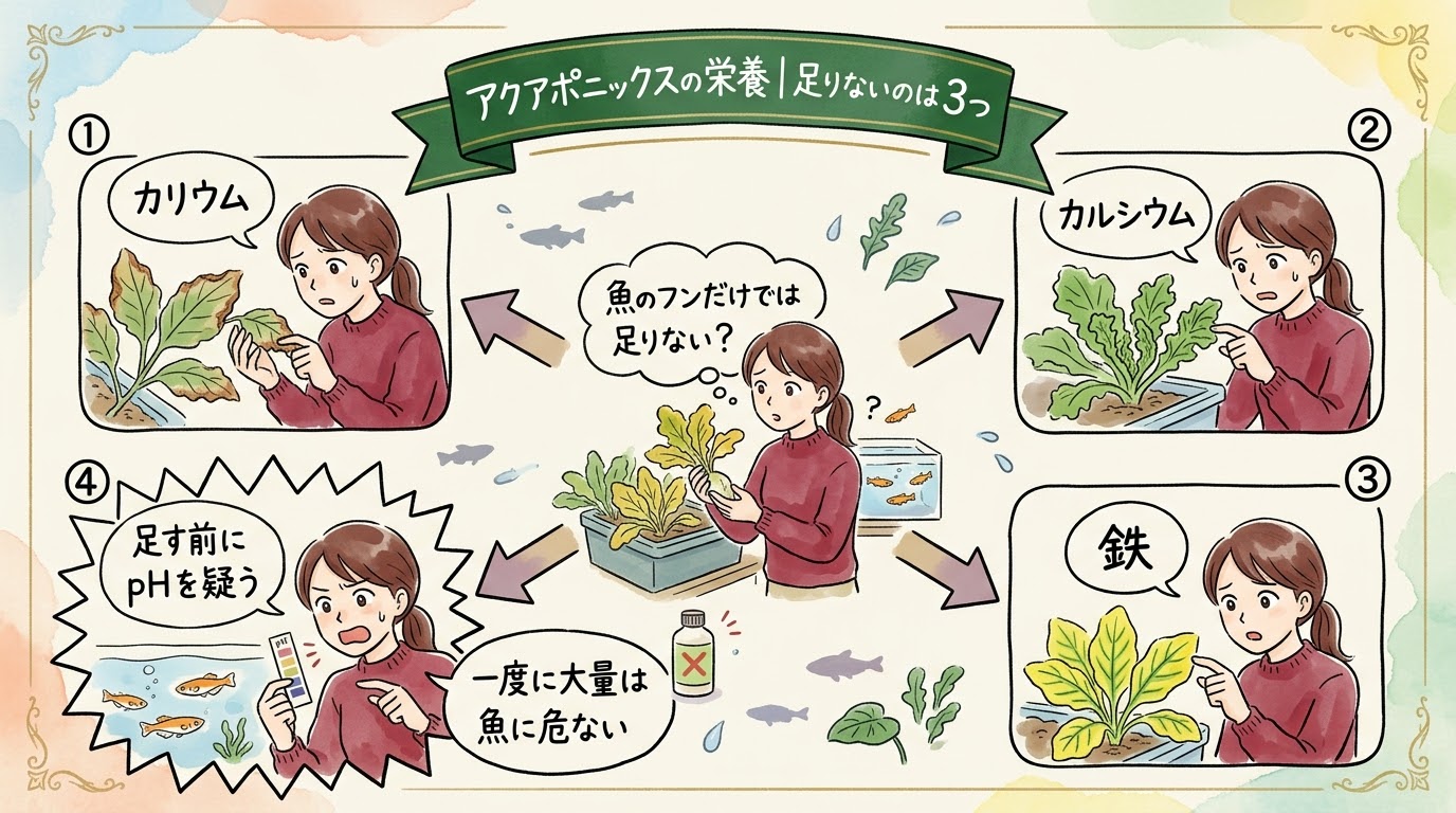 アクアポニックスで足りない栄養(カリウム・カルシウム・鉄)と、足す前にpHを疑うことを場面で整理したグラレコ(グラフィックレコーディング)