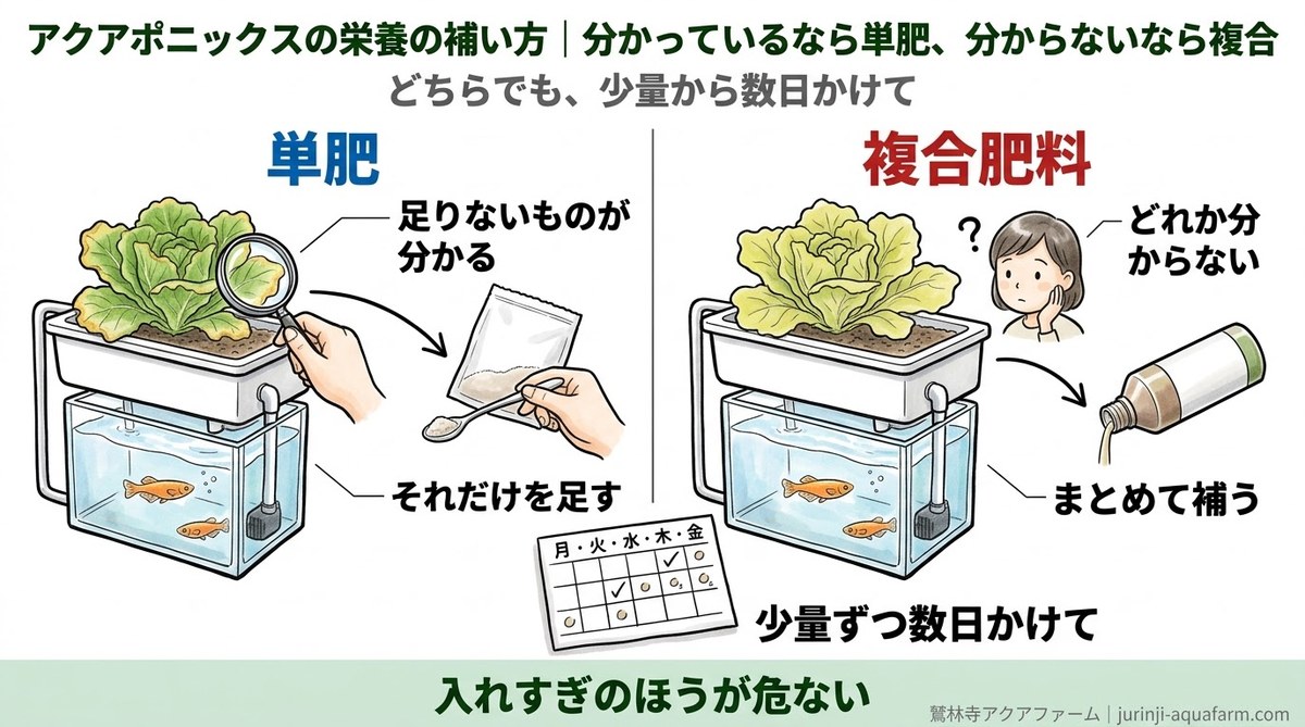アクアポニックスの栄養の補い方。足りないものが分かるなら単肥でそれだけを足し、どれか分からないなら複合肥料でまとめて補う。どちらも少量ずつ数日かけることを比べた精密図解