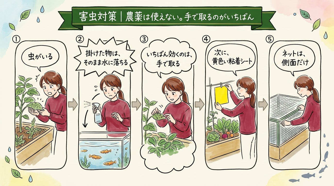 アクアポニックスの害虫対策は、農薬は掛けた物がそのまま水に落ちるので使えず、手で取り、黄色い粘着シートを使い、ネットは側面だけにすることを場面で整理したグラレコ（グラフィックレコーディング）