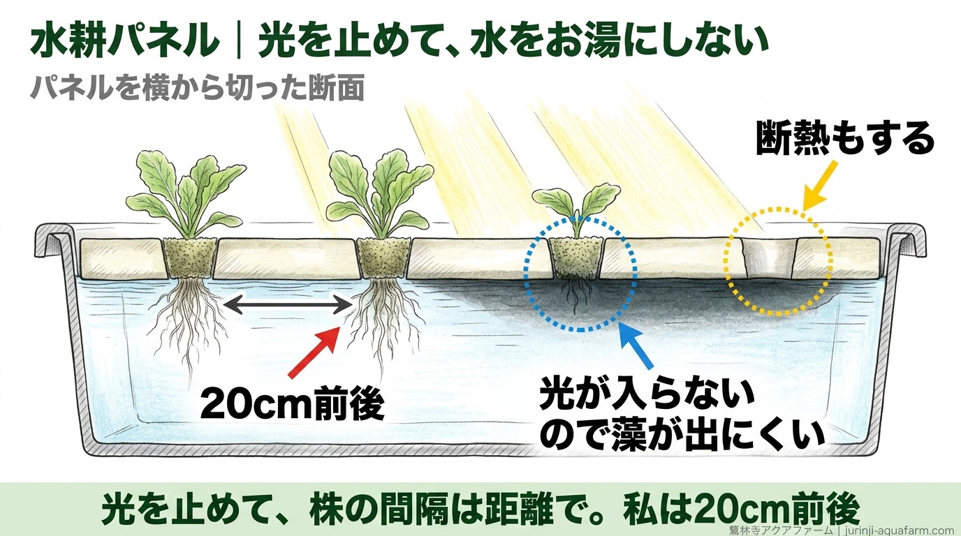 水耕パネルを横から切った断面で、光を止めて藻を出にくくし、断熱もし、株の間隔は20cm前後あけることを示した精密図解