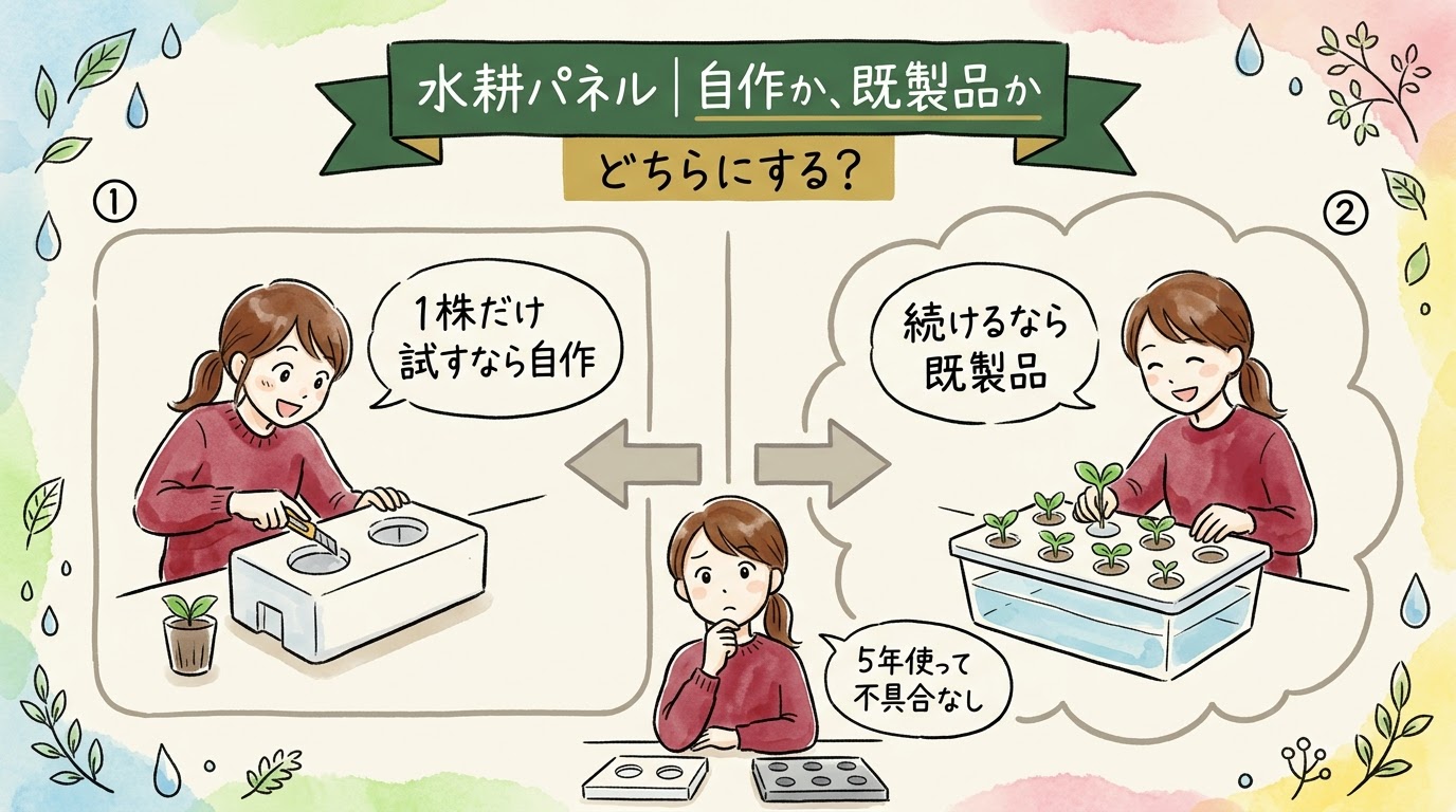 水耕パネルは1株だけ試すなら発泡スチロールで自作、続けるなら既製品という分かれ目を場面で整理したグラレコ（グラフィックレコーディング）