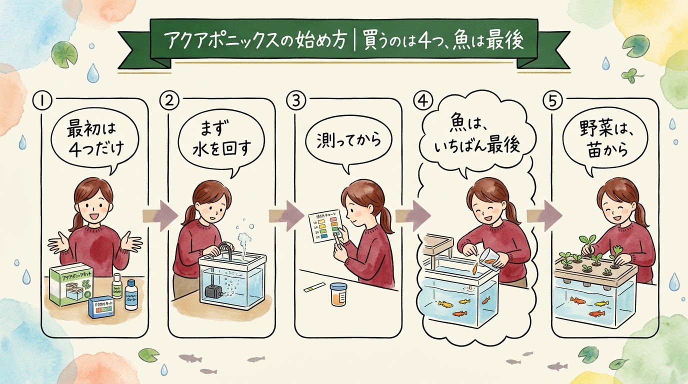 アクアポニックスの始め方は、最初に買うのは4つで、水を回して測ってから魚を入れ、野菜は苗から植えることを場面で整理したグラレコ（グラフィックレコーディング）