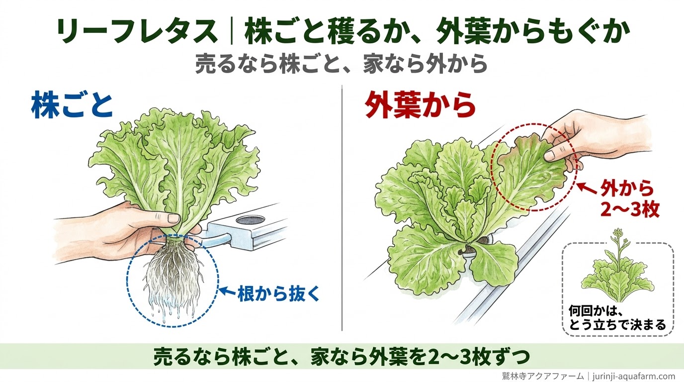 リーフレタスを根ごと株で穫る場合と、外側の葉を2〜3枚ずつもぐ場合を比べた精密図解