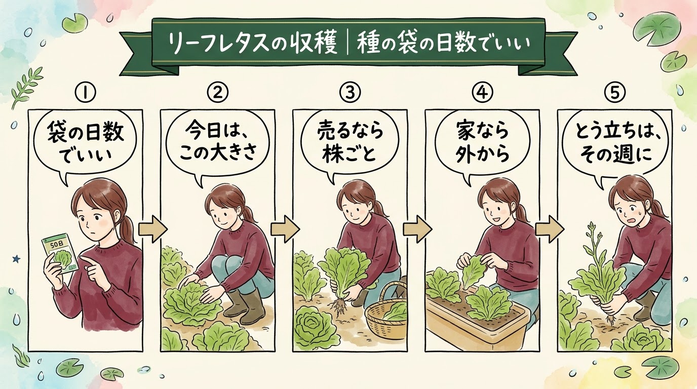 リーフレタスは種の袋の日数で穫りどきを決め、売るなら株ごと、家なら外葉から、とう立ちはその週に穫ることを場面で整理したグラレコ(グラフィックレコーディング)