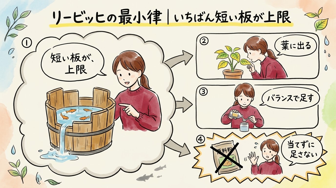 リービッヒの最小律で、いちばん短い板が上限を決め、葉の症状から見分けて、バランスで足すことを場面で整理したグラレコ（グラフィックレコーディング）