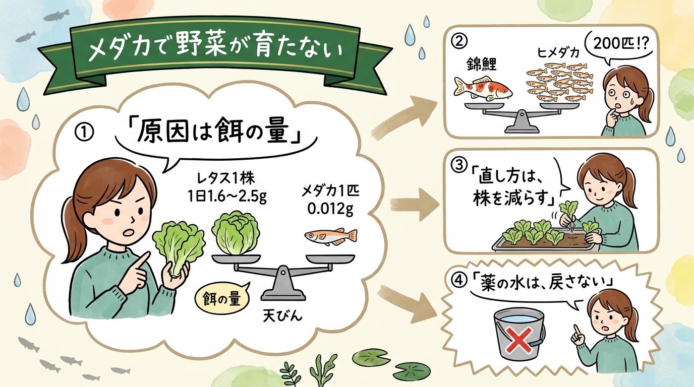 メダカで野菜が育たない原因を、餌の量を天びんで比べる場面で整理したグラレコ（グラフィックレコーディング）