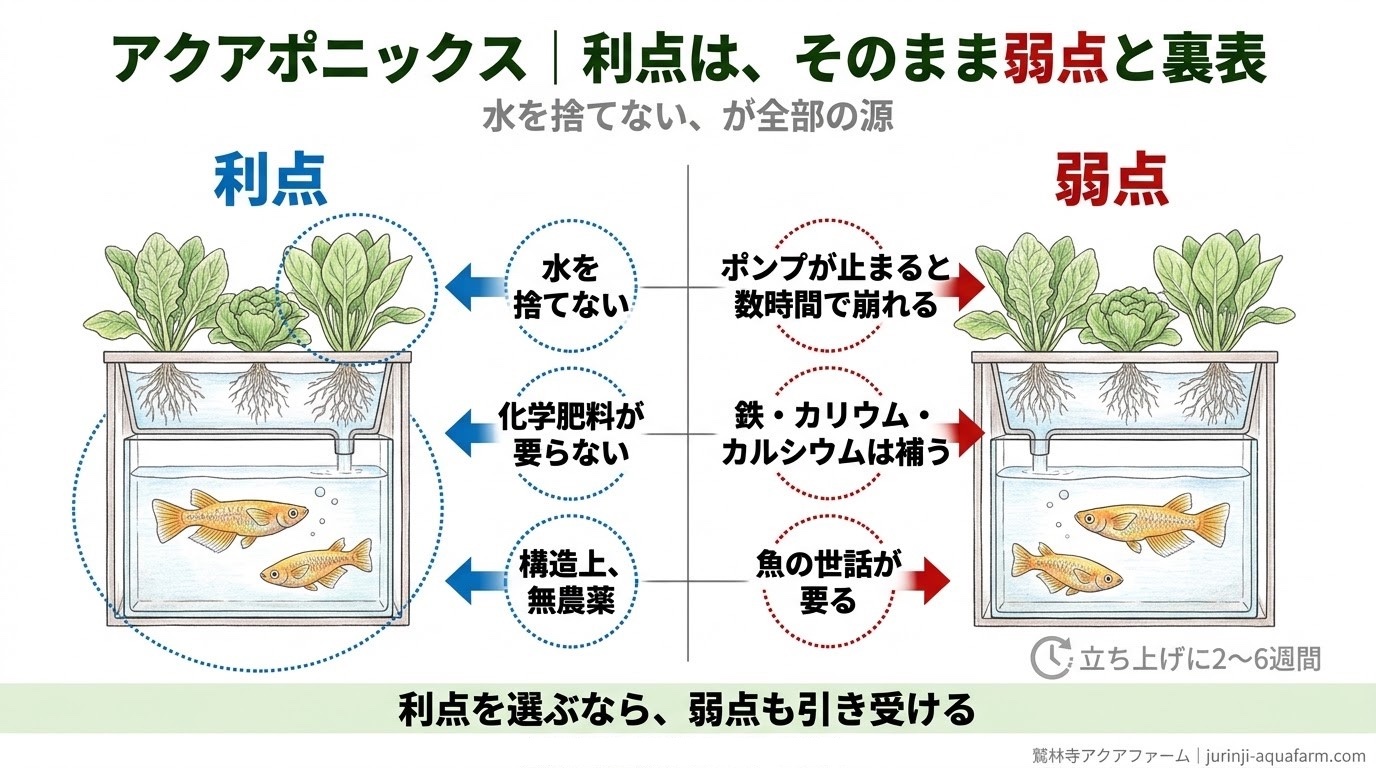 アクアポニックスの利点と弱点を、対にして比べた精密図解