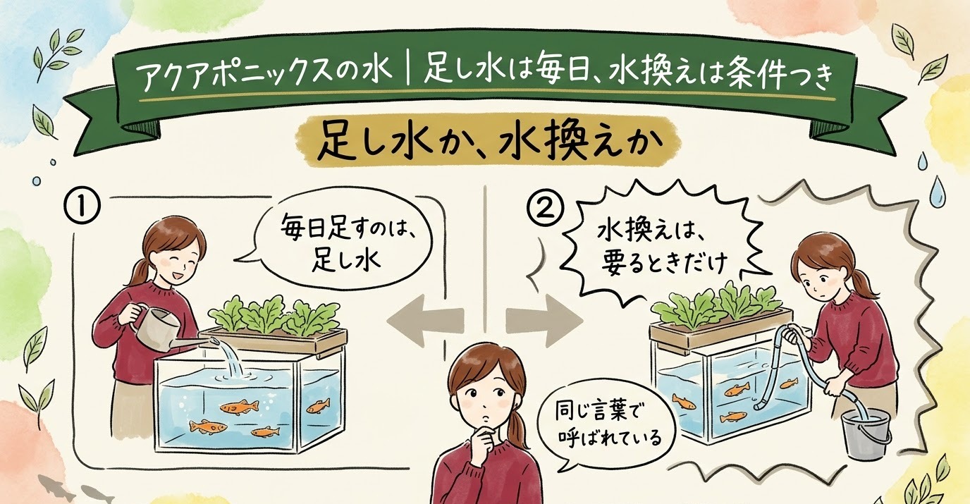 アクアポニックスの水は、毎日足すのは足し水で、水換えは条件がそろったときだけ要ることを場面で整理したグラレコ（グラフィックレコーディング）