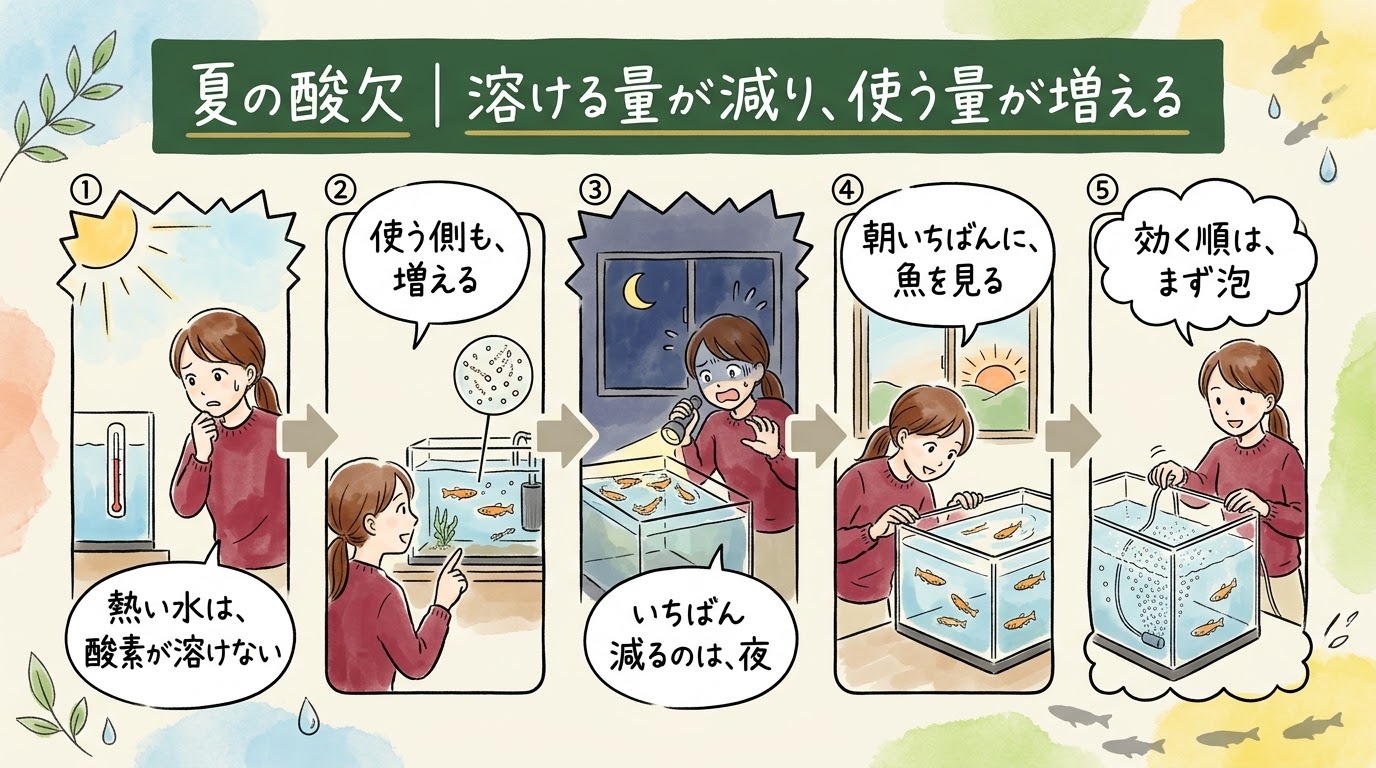 夏の酸欠は、水温で溶ける酸素が減り、魚と細菌が使う量が増え、夜にいちばん減ることと、朝の目視とエアレーションの手当てを場面で整理したグラレコ（グラフィックレコーディング）