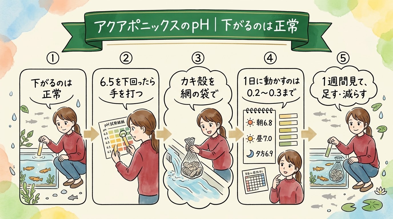 アクアポニックスのpHが下がるのは正常で、6.5を下回ったらカキ殻で戻すことを場面で整理したグラレコ(グラフィックレコーディング)