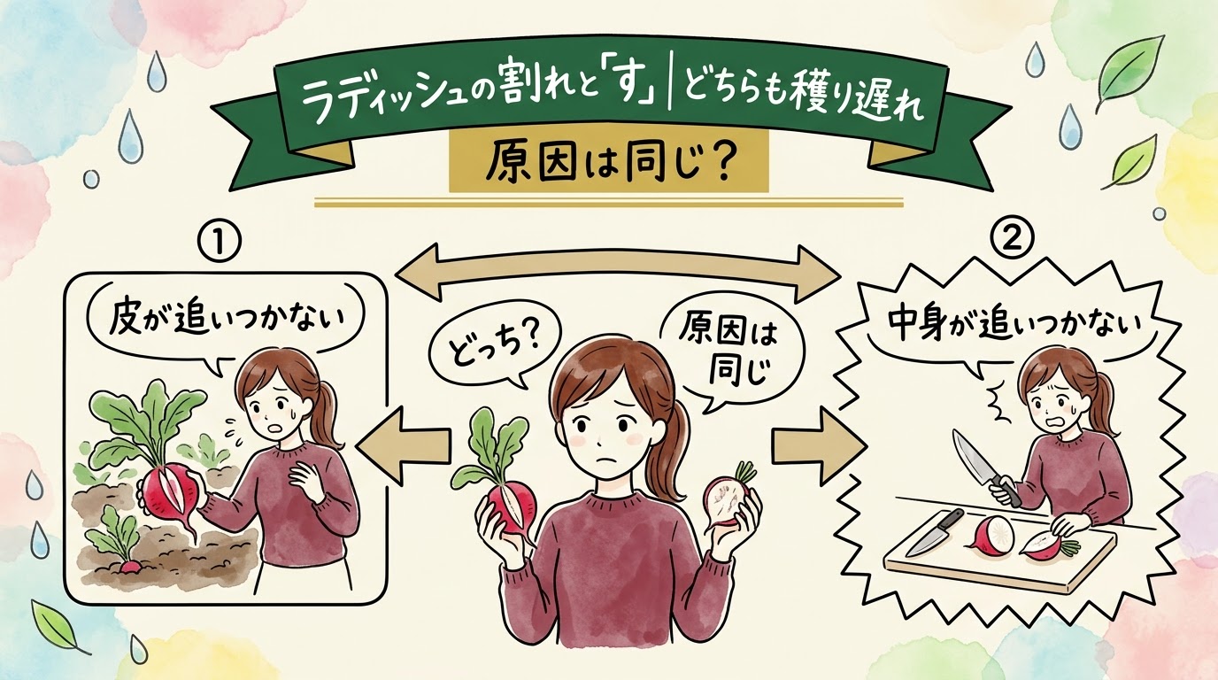 ラディッシュの割れは皮が追いつかず、「す」は中身が追いつかない。原因はどちらも穫り遅れであることを場面で整理したグラレコ（グラフィックレコーディング）
