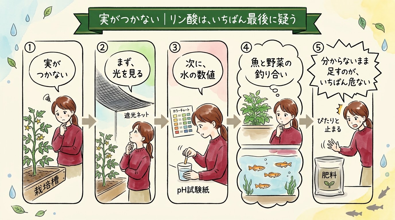実がつかないとき、まず光を見て、次に水の数値を測り、魚と野菜の釣り合いを見て、分からないままリン酸を足さないことを場面で整理したグラレコ(グラフィックレコーディング)