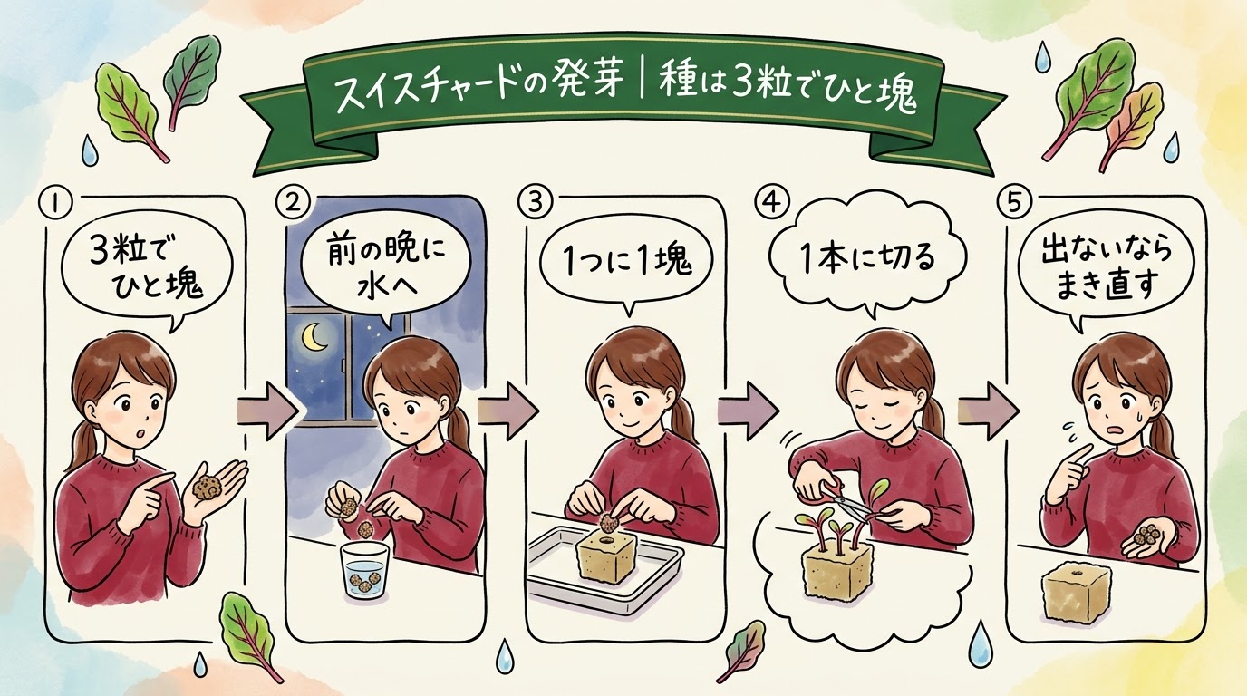スイスチャードの種は3粒でひと塊で、前の晩に水に浸け、1スポンジに1塊、芽が増えたら1本に切ることを場面で整理したグラレコ(グラフィックレコーディング)