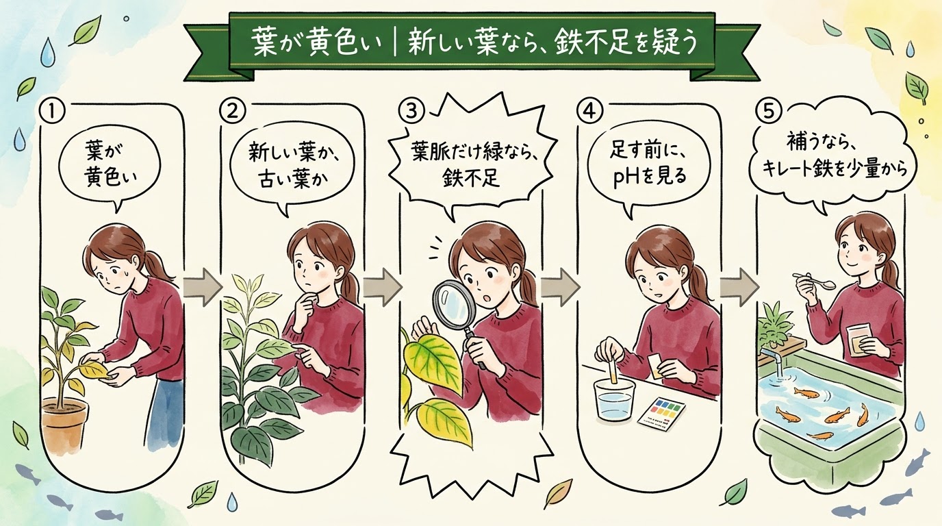 葉が黄色いとき、新しい葉で葉脈だけ緑なら鉄不足を疑い、足す前にpHを見て、キレート鉄を少量から補うことを場面で整理したグラレコ（グラフィックレコーディング）