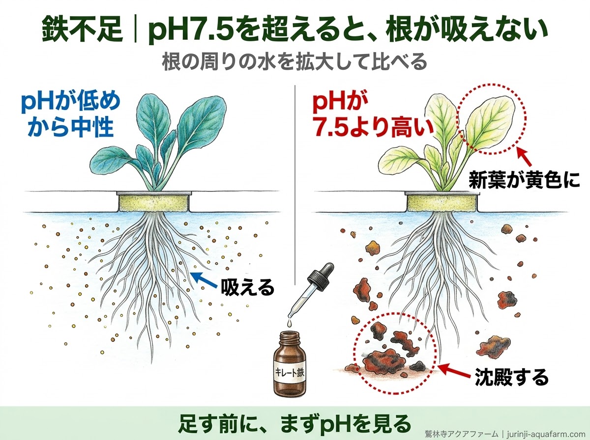 pHが低めから中性だと根が鉄を吸えるが、pH7.5を超えると鉄が沈殿して新しい葉が黄色くなることを、根の周りの水を拡大して比べた精密図解