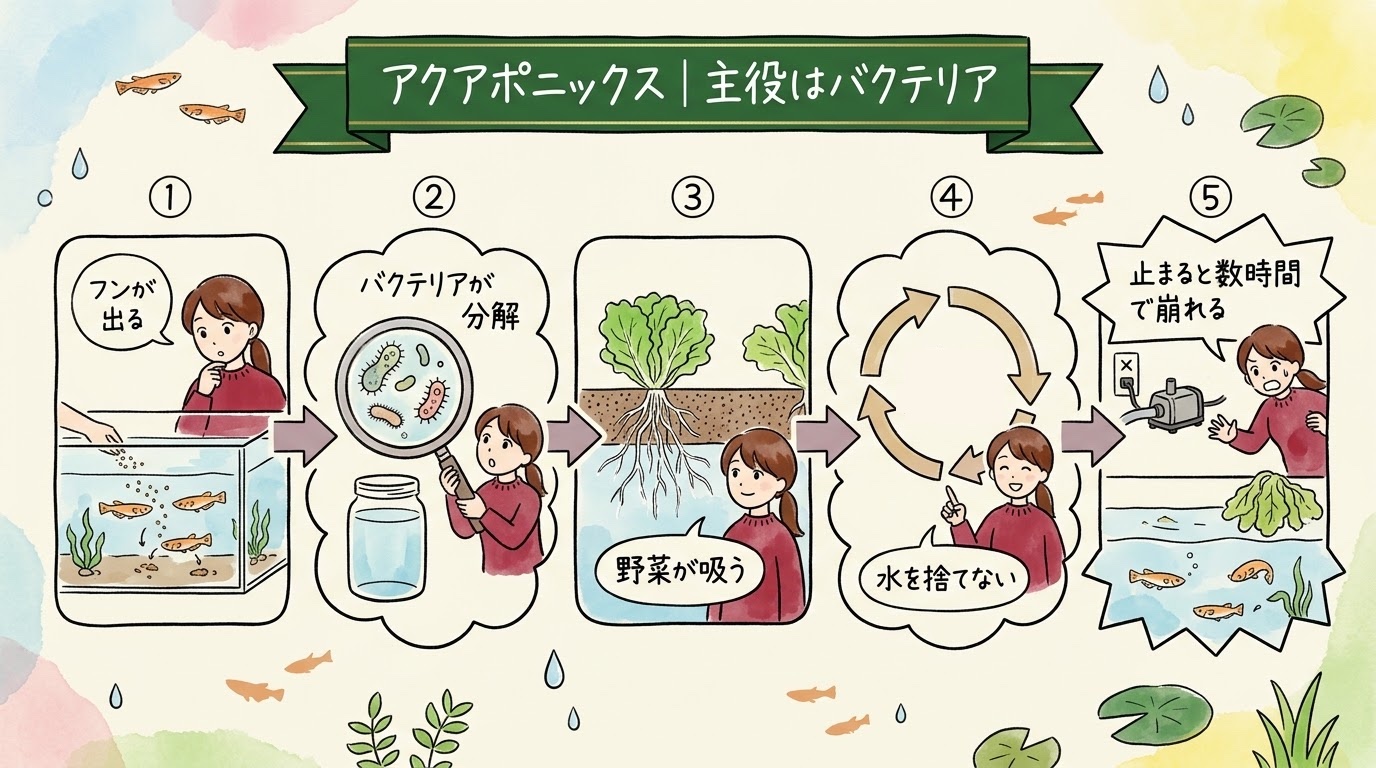 アクアポニックスの仕組み（フン→バクテリアが分解→野菜が吸う→水を捨てない）と、停止に弱いことを場面で整理したグラレコ（グラフィックレコーディング）