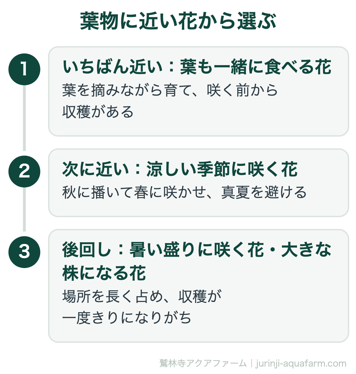 アクアポニックスでエディブルフラワーにする花の選び方。いちばん近いのは葉も一緒に食べる花で咲く前から収穫がある。次は涼しい季節に咲く花で、秋に播いて春に咲かせる。暑い盛りに咲く花や大きな株になる花は後回し