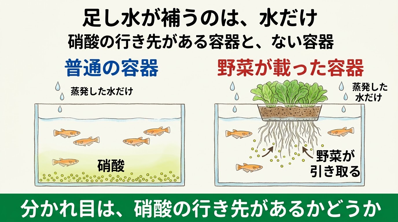 普通の容器と野菜が載った容器を並べ、蒸発した水の足し水が補うのは水だけで、硝酸は野菜が引き取ることを示した精密図解