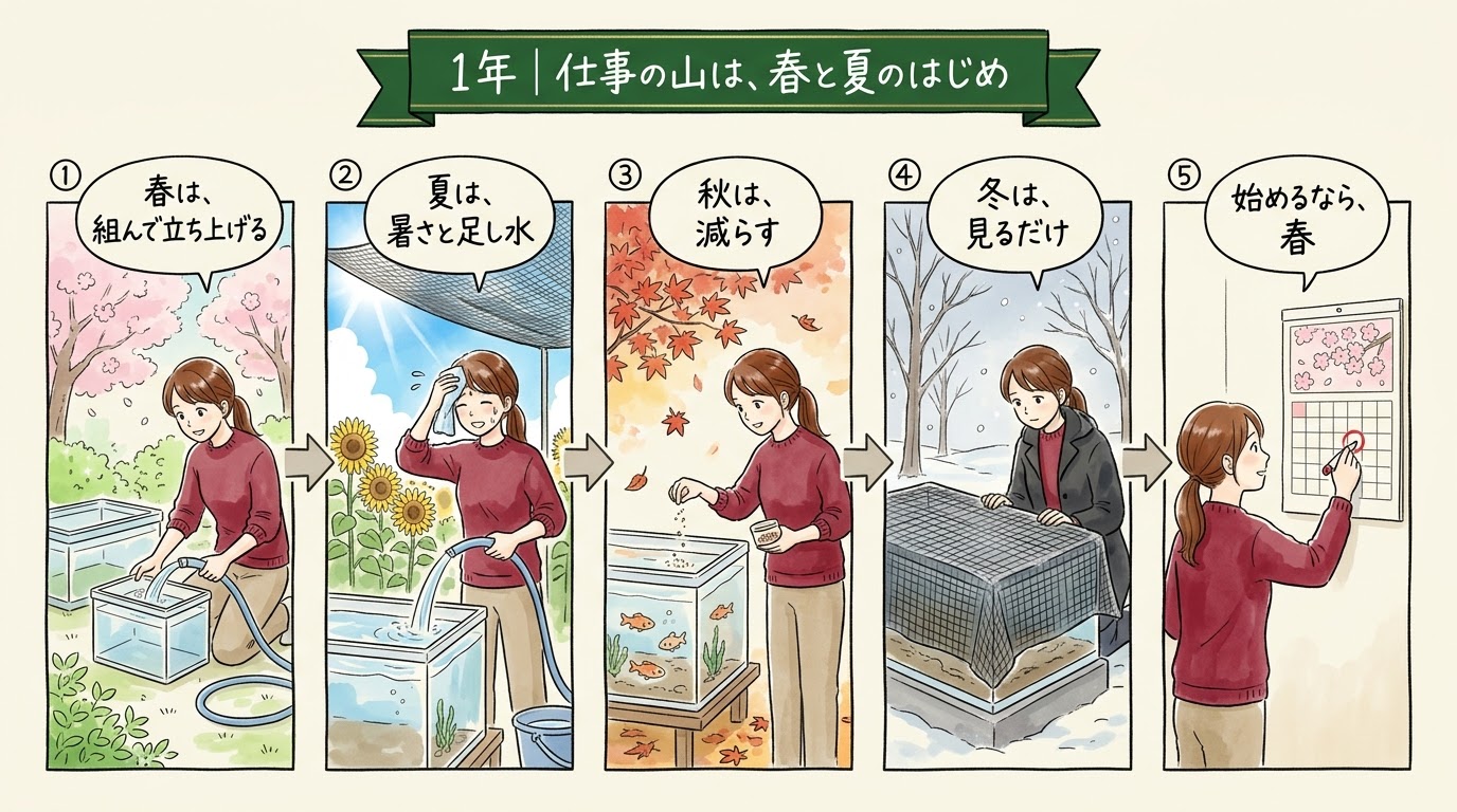 アクアポニックスの1年を、春は組み立て、夏は暑さと足し水、秋は減らす、冬は見るだけ、と季節ごとに整理したグラレコ（グラフィックレコーディング）