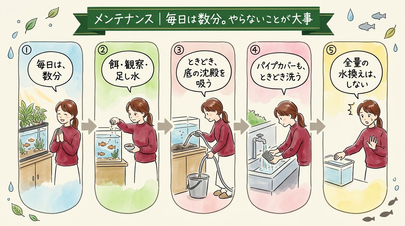 アクアポニックスの毎日のメンテナンスを、餌・観察・足し水、ときどき底の沈殿を吸う、全量の水換えはしない、の順に整理したグラレコ(グラフィックレコーディング)