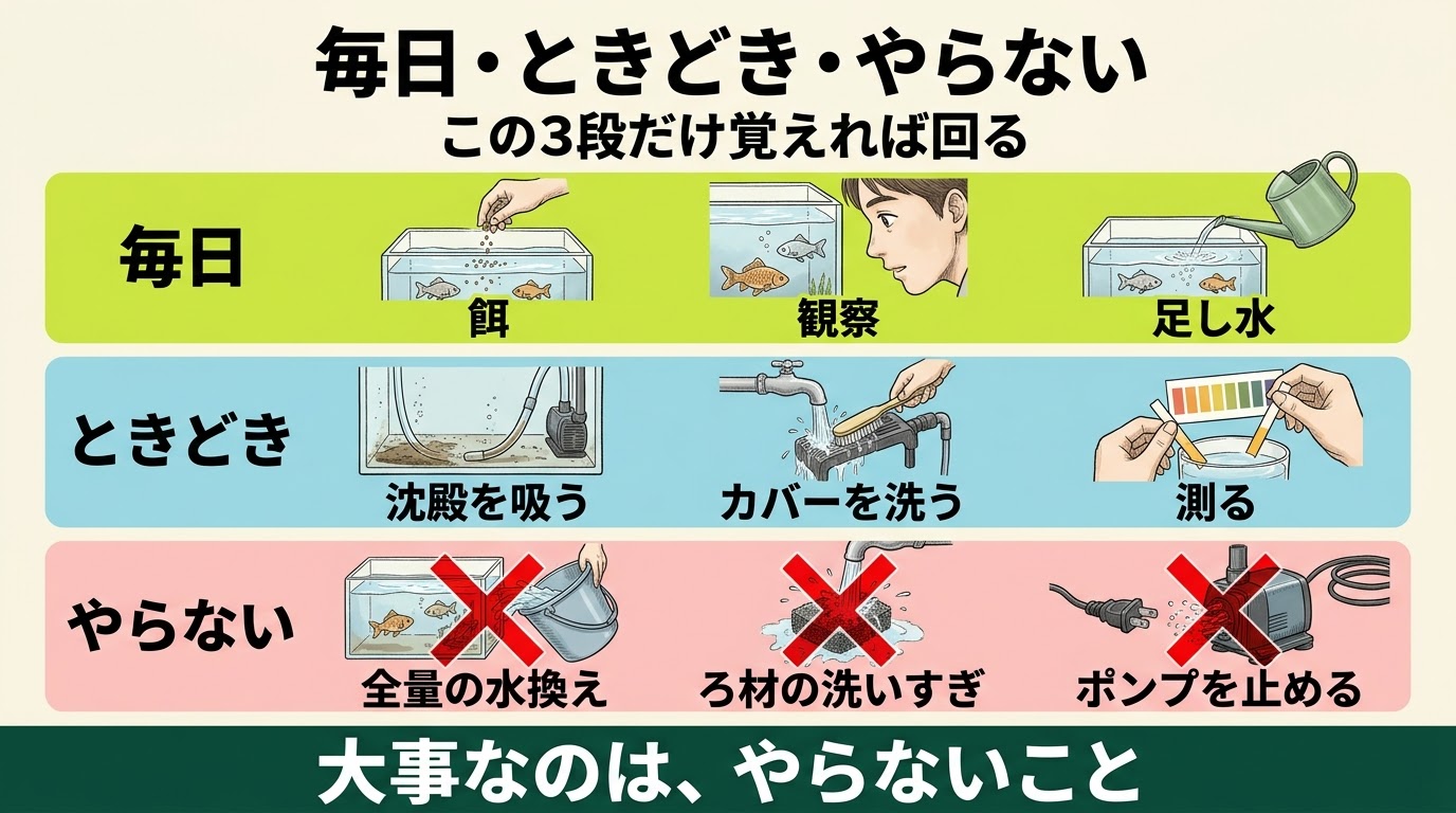 毎日・ときどき・やらないの3段に分けたメンテナンスの精密図解。毎日は餌・観察・足し水、やらないのは全量の水換え、ろ材の洗いすぎ、ポンプを止めること