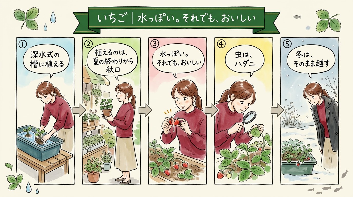 いちごを深水式の槽に植え、夏の終わりから秋口に苗を入れ、水っぽくても おいしく、虫はハダニ、冬はそのまま越すことを場面で整理したグラレコ（グラフィックレコーディング）