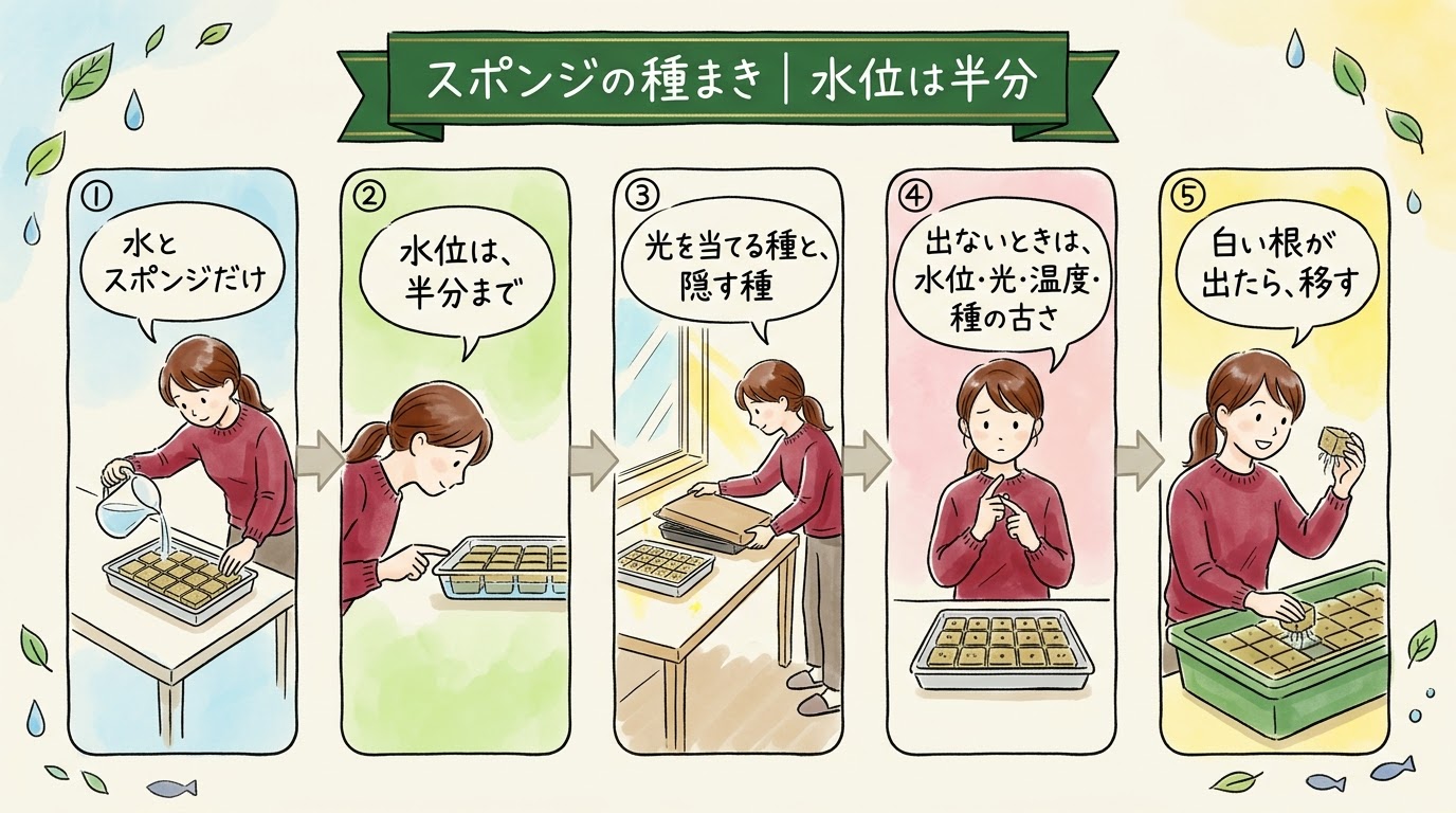 スポンジの種まきを、水とスポンジ、水位は半分、光を当てる種と隠す種、出ないときの確認、白い根が出たら移す、の順に整理したグラレコ（グラフィックレコーディング）