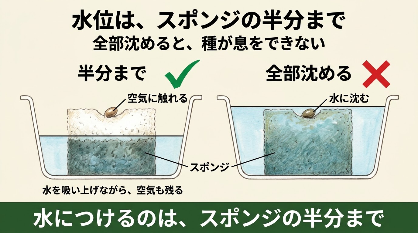 スポンジの水位を比べた精密図解。半分までなら種が空気に触れ、全部沈めると種が息をできない