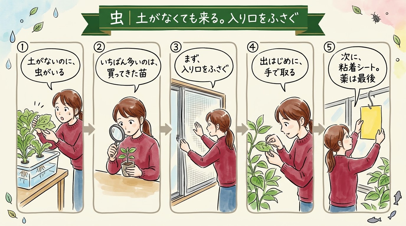 水耕栽培でも虫が来るとき、買ってきた苗を確かめ、入口をふさぎ、出はじめに手で取り、最後に粘着シートを使うことを場面で整理したグラレコ（グラフィックレコーディング）