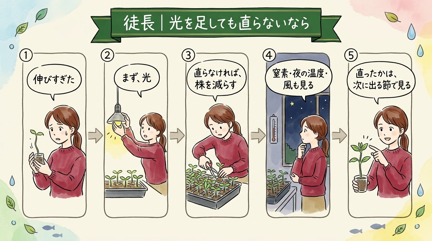 苗が徒長したとき、まず光、次に株の数、窒素・夜の温度・風と順に見て、直ったかを次の節で確かめることを場面で整理したグラレコ（グラフィックレコーディング）