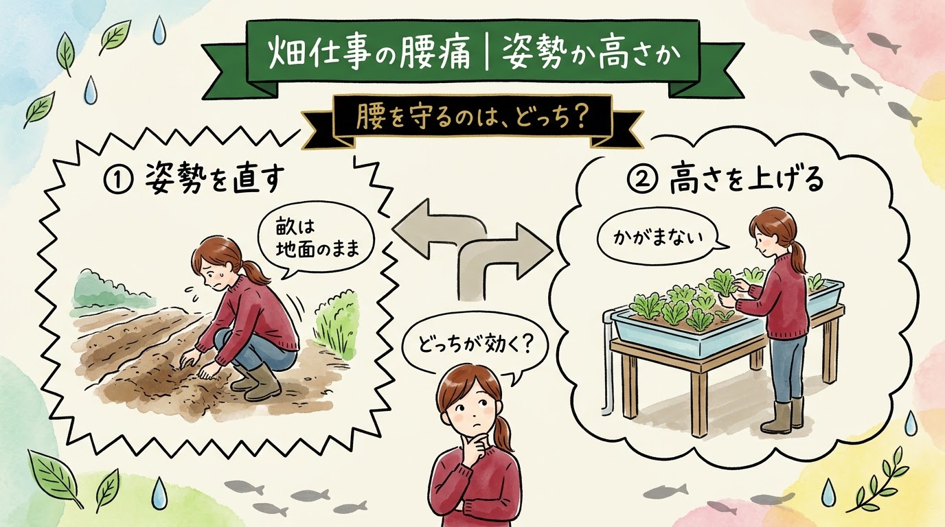 畑仕事の腰痛の減らし方のグラレコ。姿勢を直してもかがむ回数は減らず、土のほうを900mmの高さに上げると立ったまま作業できる